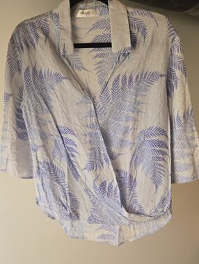 mahina Pale Blue Fern-Print Wrap Blouse